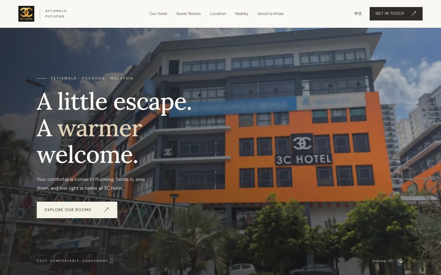 3C Hotel SetiaWalk Puchong home page shown on a laptop screen