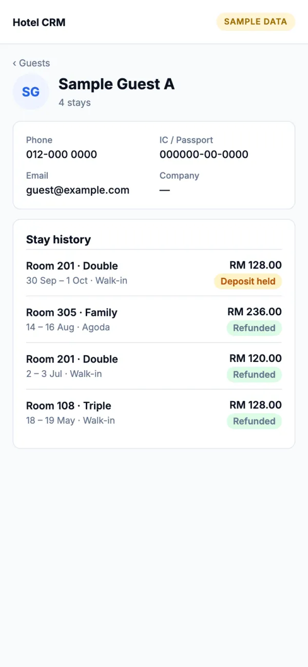 Illustrative guest profile with stay history on a mobile phone